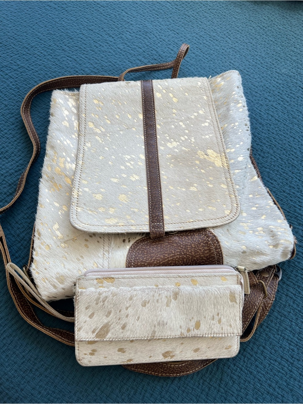 Myra Bags Neutral Cream & Gold Spot Haircalf Crossbody Backpack and wallet
